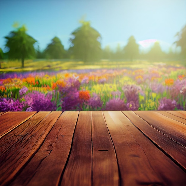 Houten tafel voor Field of Flowers 3d-illustratie Tafel is gemaakt van verweerd hout