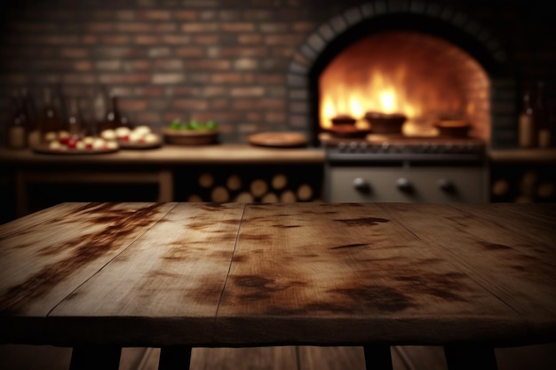 Houten tafel voor productpizza display pizzaoven generatieve AI