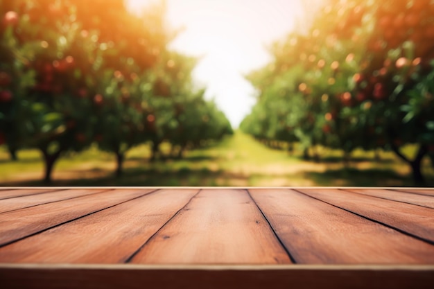 Houten tafel voor productweergave in generatieve AI van de fruittuin