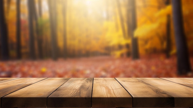 Houten tafel voor wazig herfstbos Generatief AI-beeld
