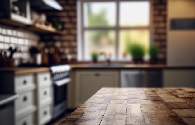 Houten tafel voorgrond en onscherpe keuken achtergrond Generatieve AI