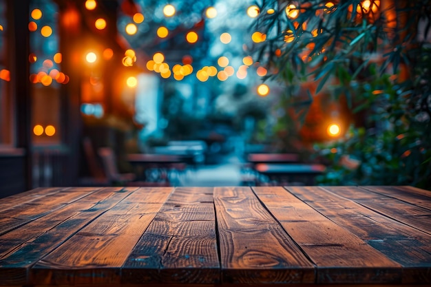 Houten tafel wordt omringd door banken in een gebied verlicht door vele kleine lichten die warmte creëren