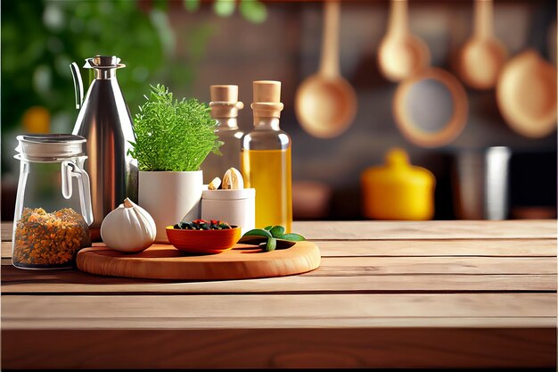 Houten tafelblad in een keuken met culinair gereedschap en ingrediënten voor achtergronden voor voedselbereiding