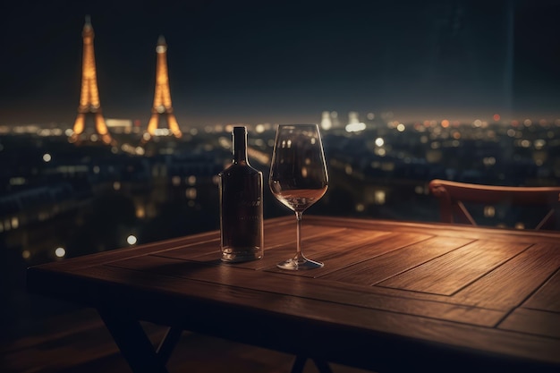 Houten tafelblad met een glas wijn met een wazig Parijs op de achtergrond
