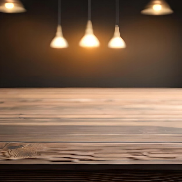 Houten tafelblad met verlichting bokeh keuken achtergrond