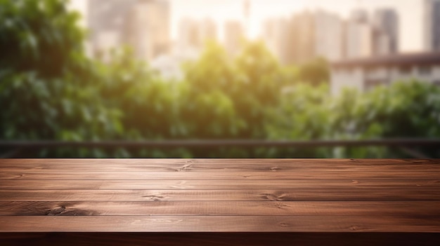 houten tafelblad op onscherpe achtergrond van half gordijn met planten