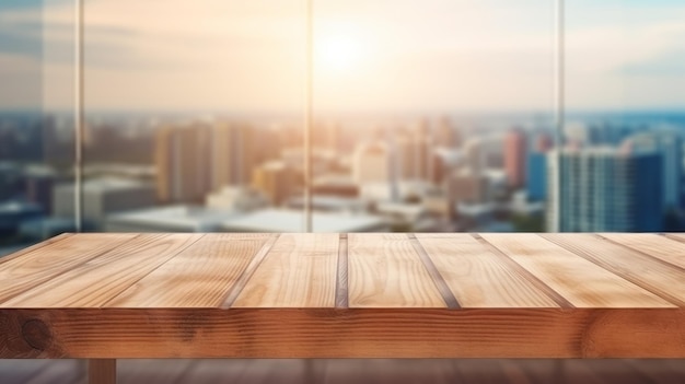 Houten tafelblad op onscherpte glazen raam muur gebouw achtergrond Generatieve ai