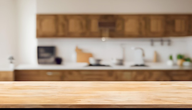 Houten tafelblad op vervagen keuken kamer interieur achtergrond Voor montage product display of design key