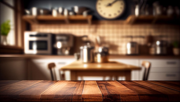 Houten tafelblad op wazige keukenkamer achtergrond Voor montage productweergave of ontwerp belangrijke visuele lay-out