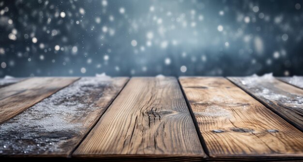 Foto houten tafelmodel met vallende sneeuw op achtergrond lege ruimte voor productpresentatie generatieve ai