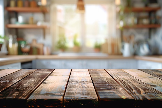 Houten tafelmodel op een onduidelijke achtergrond in de keuken voor de weergave van producten