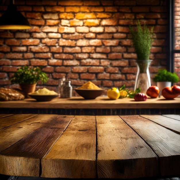 Houten tafelplaat met bakstenen muur voor het tentoonstellen van producten voedsel Ai Gegenereerd