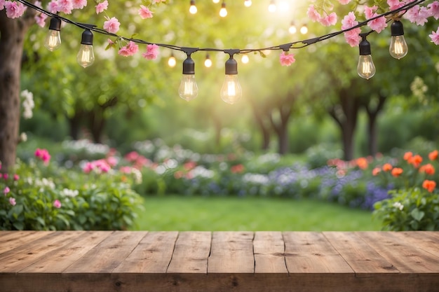 Houten tafelplaat met gloeiende hangende gloeilampen en vaag groene achtergrond van de tuin