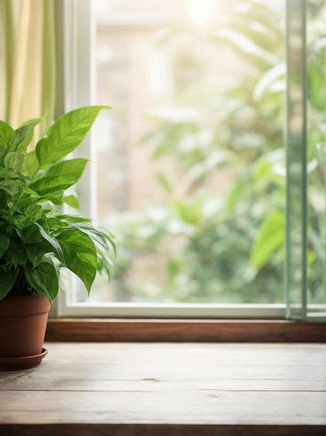 Houten tafelplaat met groene plant in pot op vensterbank, wazige achtergrond, foto van hoge kwaliteit