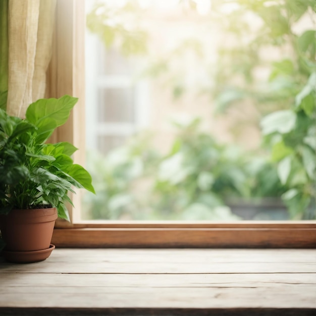 Houten tafelplaat met groene plant in pot op vensterbank, wazige achtergrond, foto van hoge kwaliteit