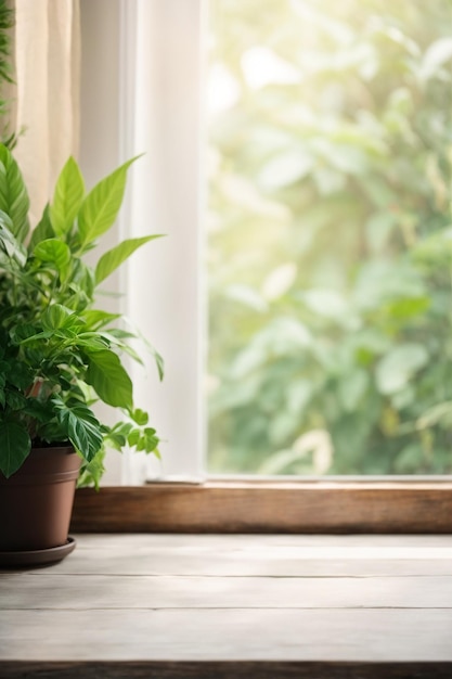 Houten tafelplaat met groene plant in pot op vensterbank, wazige achtergrond, foto van hoge kwaliteit