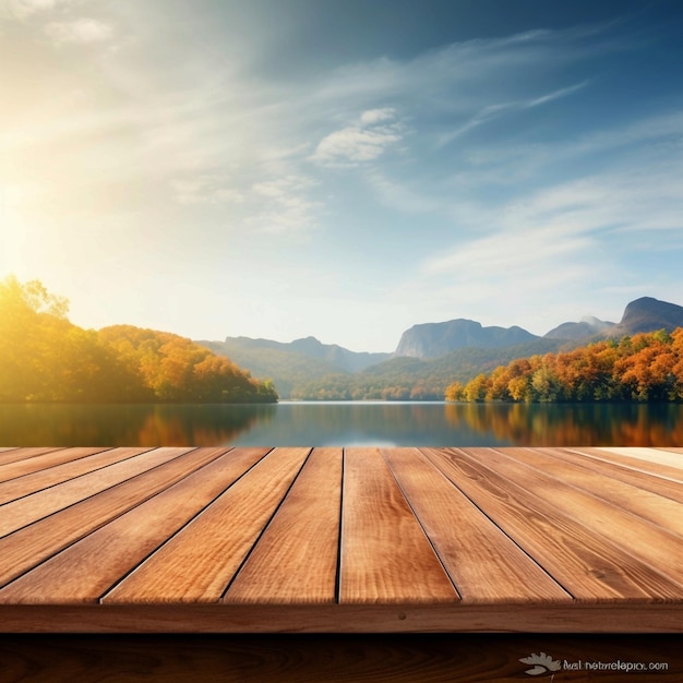 Houten tafelplaat op wazig natuurgebied achtergrond zonsopgang meer en berg Generatieve AI