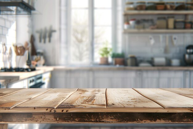 Houten tafelplank in de keuken voor productvertoning of -ontwerp