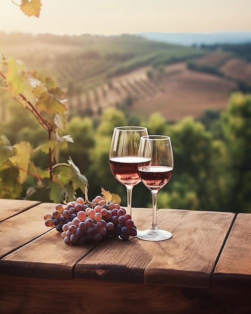 Foto houten tafeltop met een glas wijn op een wazige wijngaardlandschap achtergrond