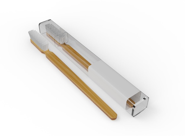 Houten tandenborstel met transparant pakket op witte achtergrond. Geïsoleerd product. 3D-rendering