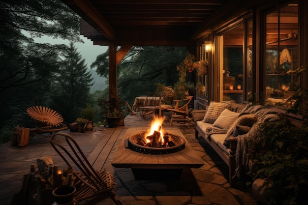 Houten terras met een open haard en fauteuils in de avond