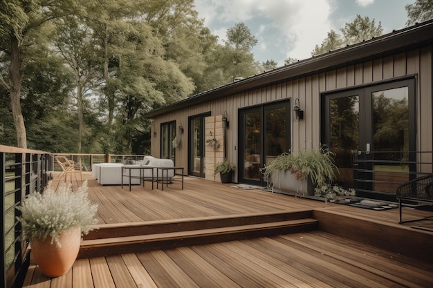 Houten terras met openslaande deuren naar de buitenkant van een moderne boerderij