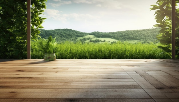 Houten terras met uitzicht op het platteland 3d-weergave