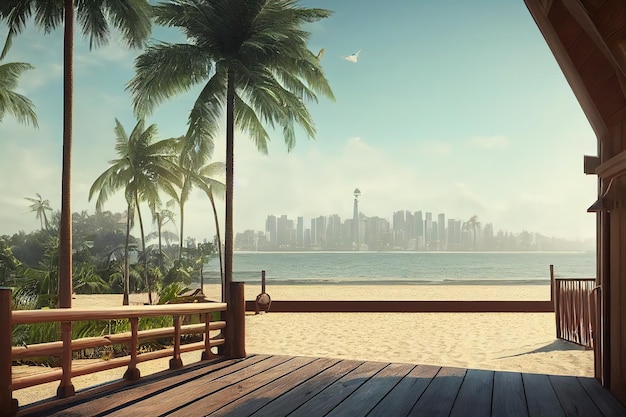 Houten terras van een huis aan een zeestrand met palmbomen en een stad aan de horizon onder een blauwe hemel 3d illustratie