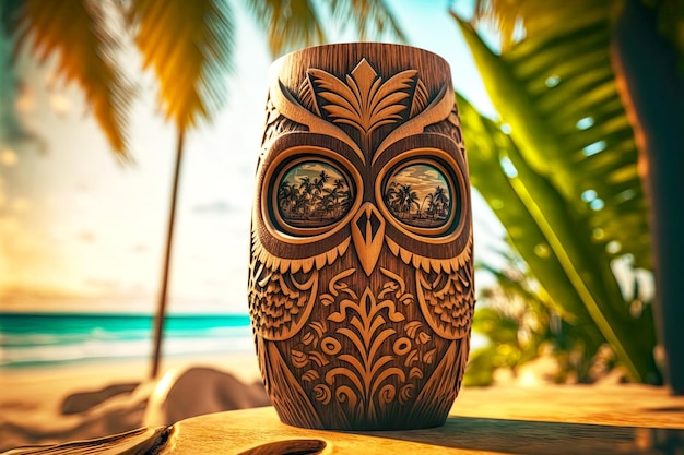 Foto houten tiki-maskerglas in de vorm van een uil op het strand van de exotische eilanden van hawaï