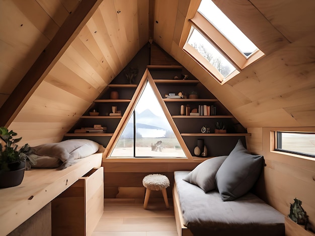 Houten Tiny House interieur met slaapkamer meubels en driehoekig venster gegenereerd Ai