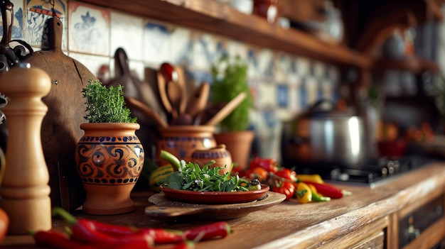 Houten toonbank gevuld met verschillende potten en pannen met verse groenten Spaanse erfenis