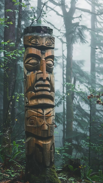 Foto houten totem in het bos