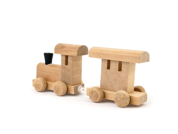 Houten trein geïsoleerd op witte achtergrond Trein speelgoed gemaakt door echt hout Vintage houten speelgoed