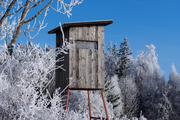 Houten uitkijktoren voor de jacht in winterlandschap met bevroren bomen en blauwe lucht