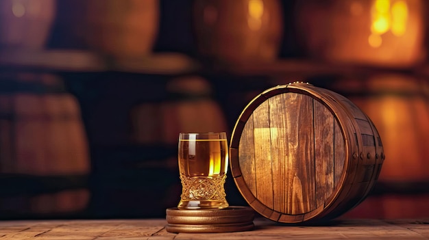 Houten vat en glas bier op een tafel van hout Ai gegenereerd