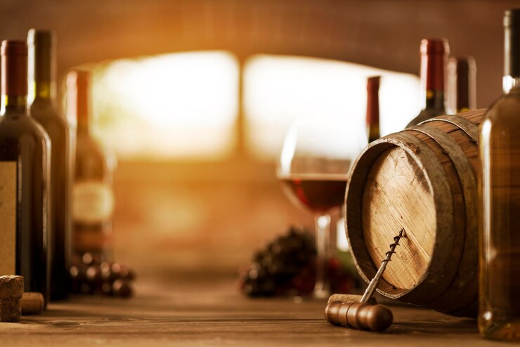 Foto houten vaten en luxe wijnen in het wijncultuurconcept van de kelder