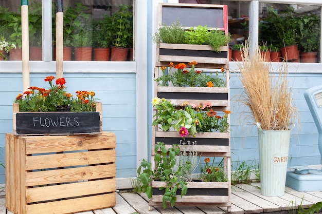 houten veranda van huis met groene planten en bloemen in doos bloemenwinkel zomerdecor veranda huis