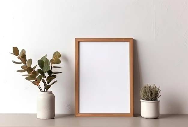Houten verticaal frame met witte lege kaart en groene plant op houten tafel op grijze muur achtergrond