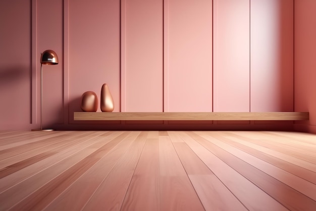 Houten vloer in een roze kamer met een plank en een vaas met gouden eieren