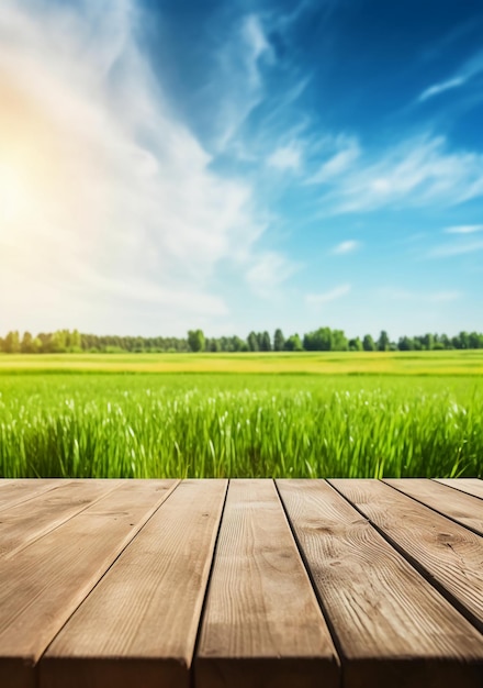 Houten vloer met een veld en de lucht