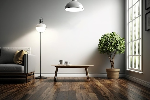 Houten vloer met woonkamertafel en lamp achtergrond sjabloon