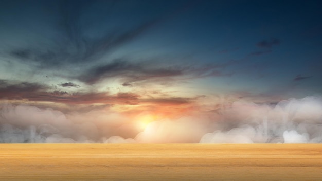 Houten vloer met zicht op wolkenlandschappen met zonlicht