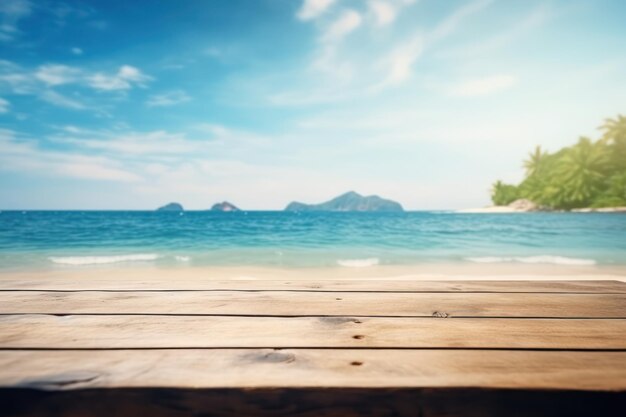 Houten vloer op een strand met een blauwe lucht en de zee op de achtergrond