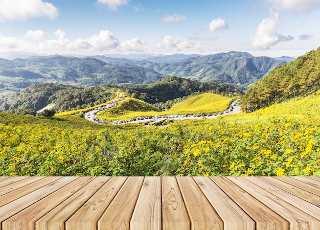 houten vloer op het gebied van Mexicaanse zonnebloem