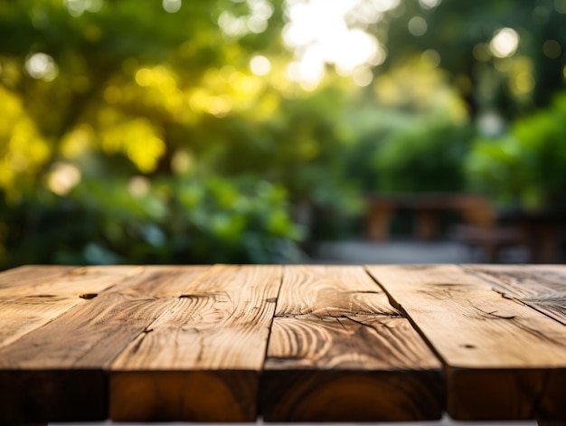 Houten vloerperspectief en groen bos met lichtstraal