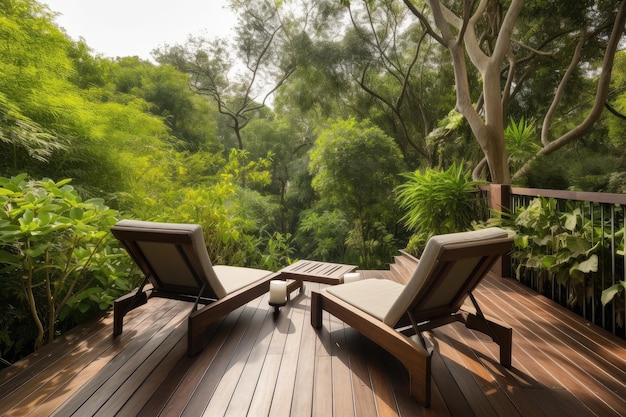 Houten vlonder met comfortabele loungestoelen en uitzicht op de tuin