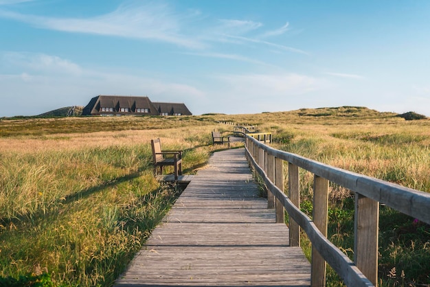 Houten voetgangersbrug over beschermde vegetatie op het eiland Sylt