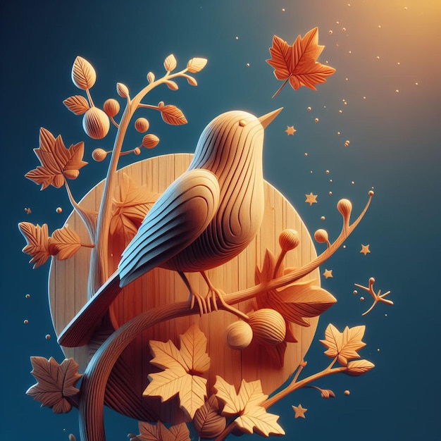 Houten vogel op een boom met herfstbladeren 3D-illustratie op blauwe achtergrond