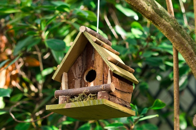 Houten vogelhuisje aan een boom