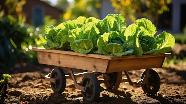 houten wagen met pneumatische wielen vol sla in een biologische tuin